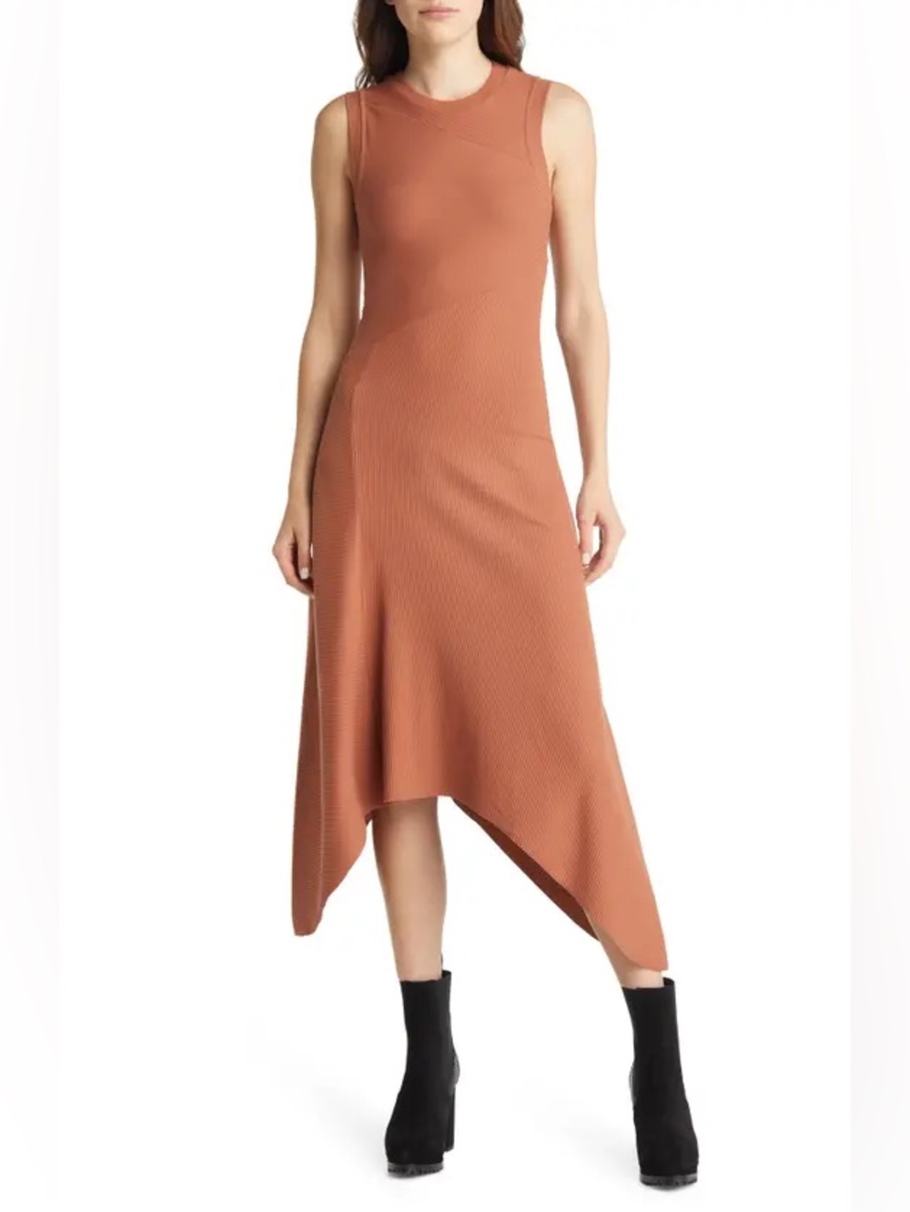 AllSaints Gia Ribbed Handkercheif Hem Stretch Cotton Midi Dress in Rust